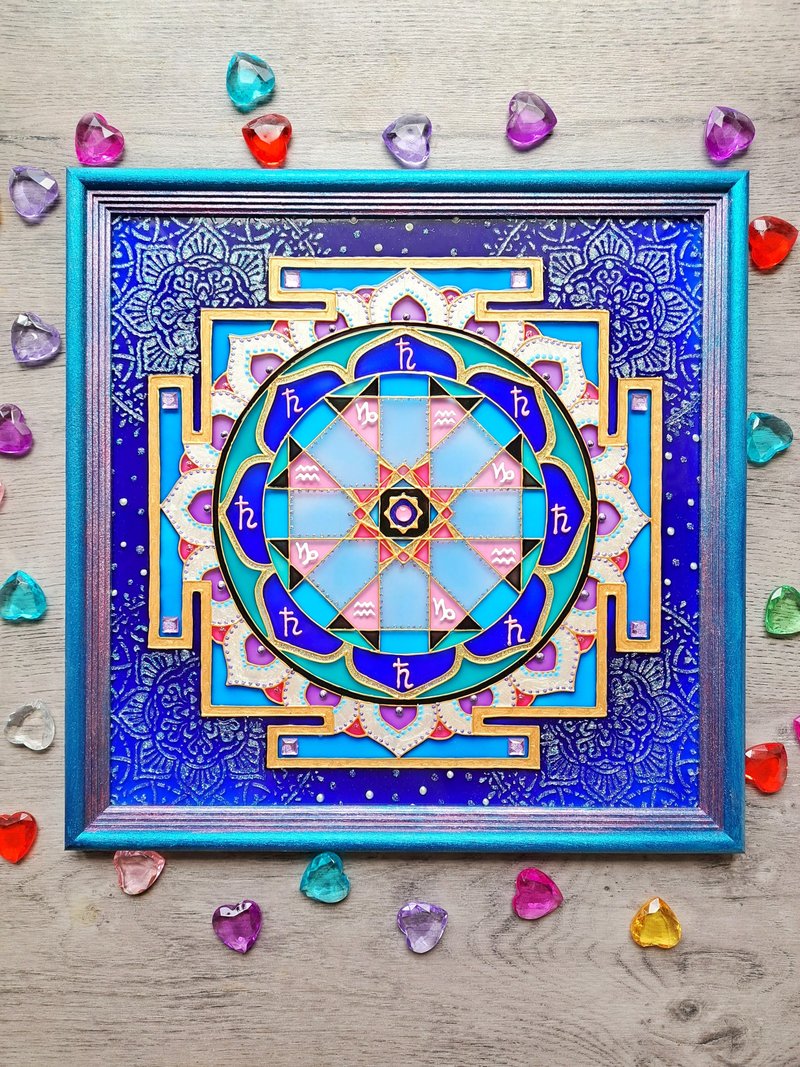 Sri Shani Saturn Yantra手绘彩色玻璃冥想瑜伽治疗装饰 - 壁貼/牆壁裝飾 - 玻璃 藍色