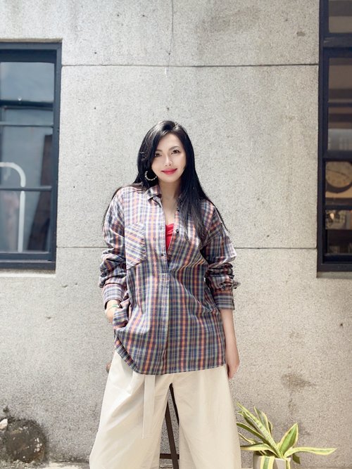 河水山 60s-70s Europe pull over shirt 綠格紋歐洲法蘭絨格紋長版襯衫
