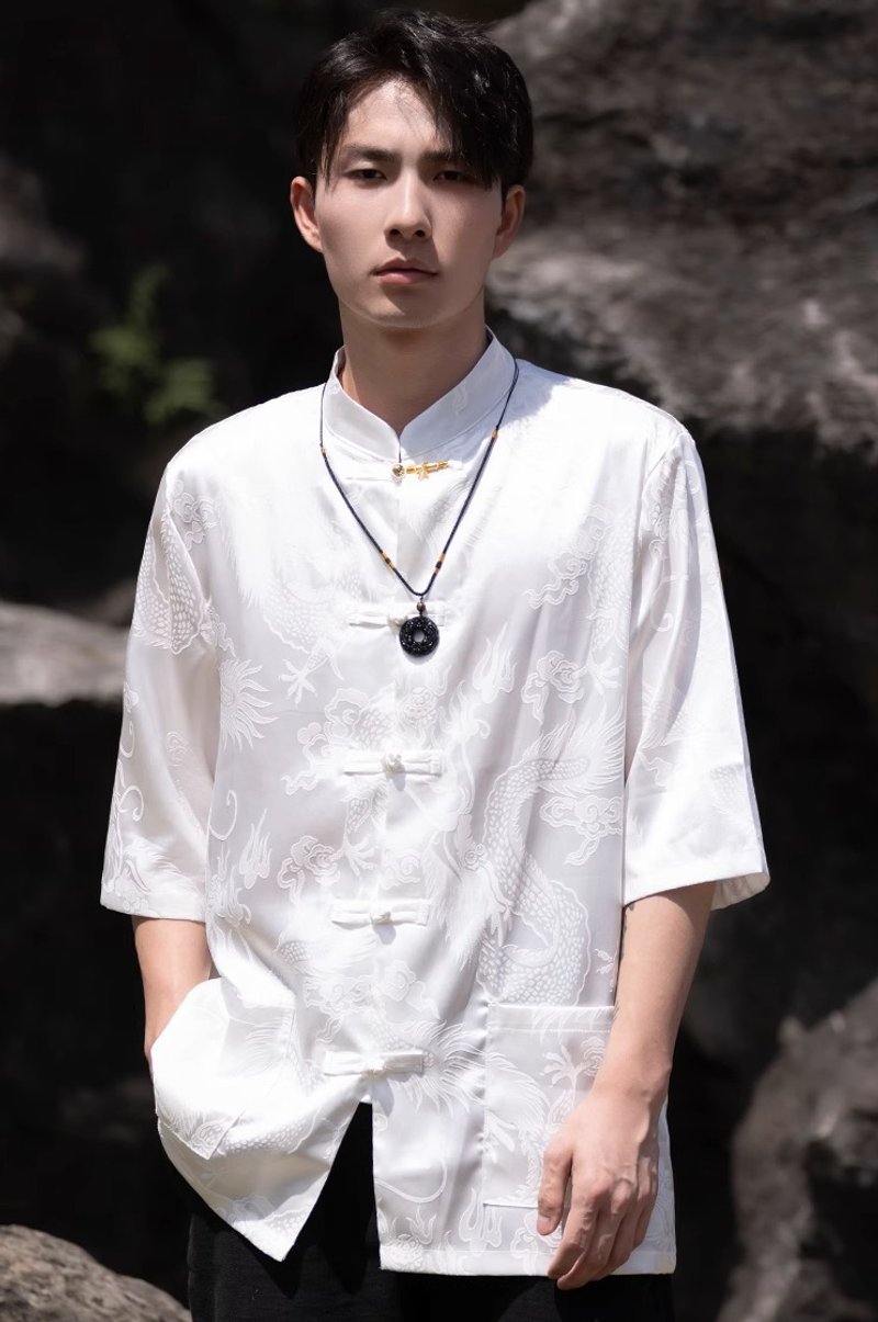 New Chinese retro contrast color buttoned short-sleeved shirt - Men's Shirts - Other Materials White