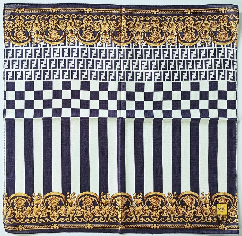 FENDI Vintage Scarf – FF Monogram, Checker, Stripes Baroque 20 x 19.5 inches - 手帕 - 棉．麻 卡其色