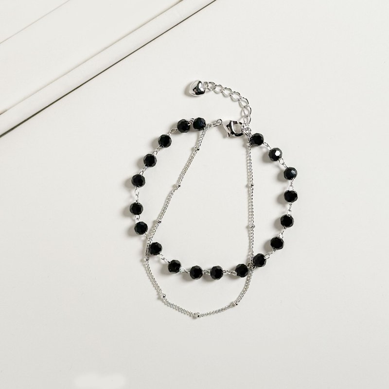 簡約黑色串珠雙鍊手鍊/質感 輕奢 銀色 黃銅飾品 輕珠寶 - 手鍊/手環 - 銅/黃銅 黑色