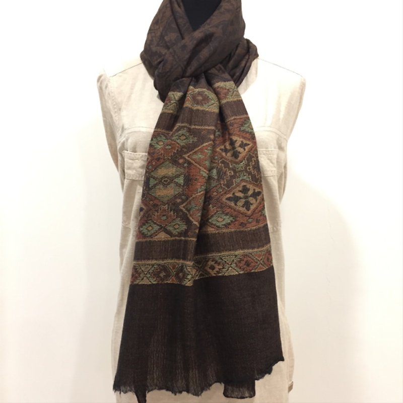 [Limited] [Cashmere Cashmere Scarf/Shawl] Coffee Large Pattern Ethnic Wind Nepal - Knit Scarves & Wraps - Wool Brown