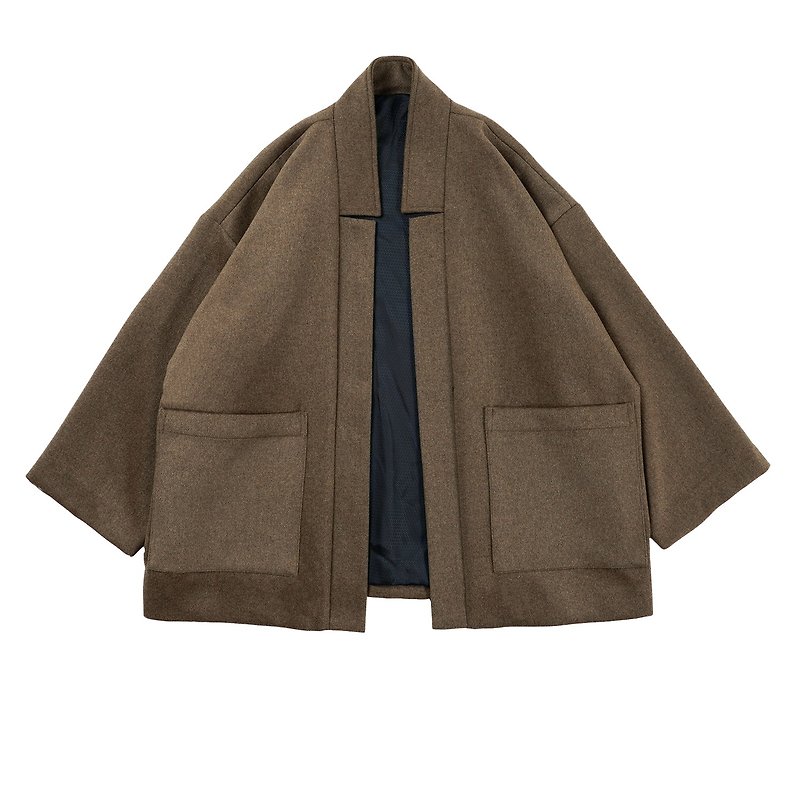 [Shenhai pattern cypress] original Japanese retro handmade wool autumn and winter clothing unisex loose coat jacket - Men's Coats & Jackets - Wool 