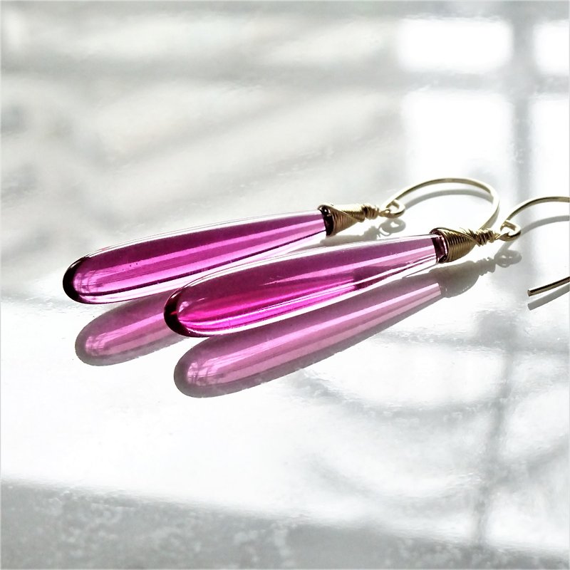 14kgf*Quartz drop pierced earring / earring PINK - Earrings & Clip-ons - Glass Pink