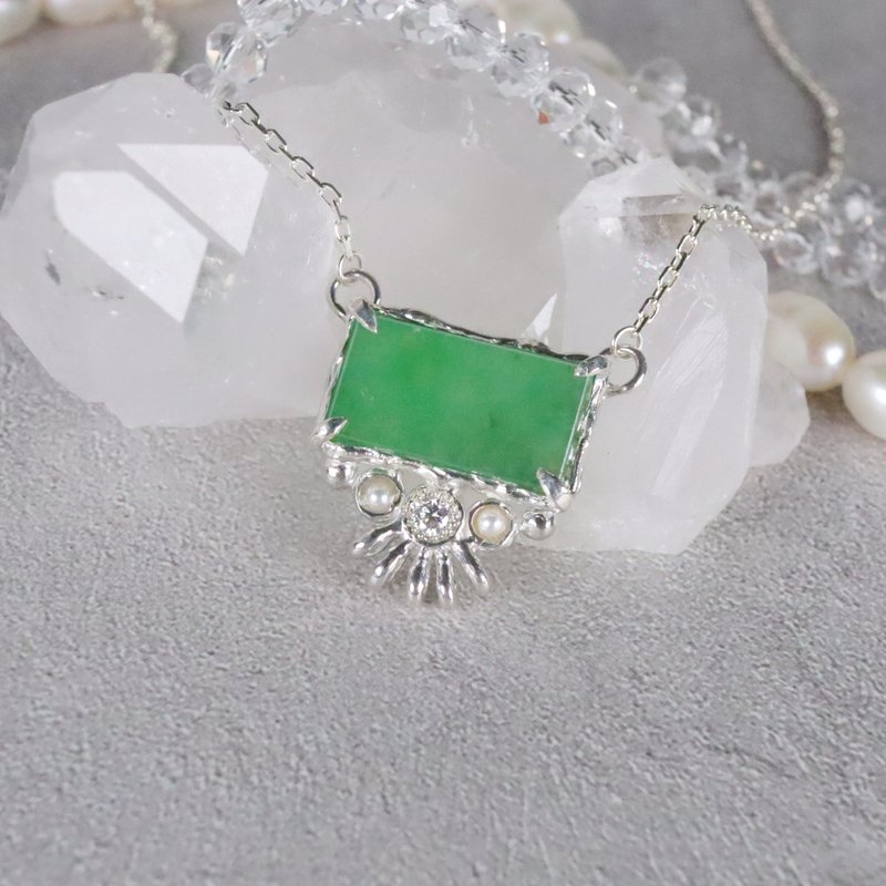 Jade and Moissanite Necklace Silver 925 - สร้อยคอ - เครื่องเพชรพลอย สีเขียว