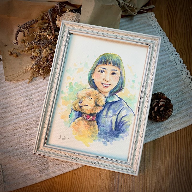 Painted in a watercolor style – Fur Boy and Me. Customized portrait / pet with frame 1 person 1 pet - โปสเตอร์ - กระดาษ ขาว