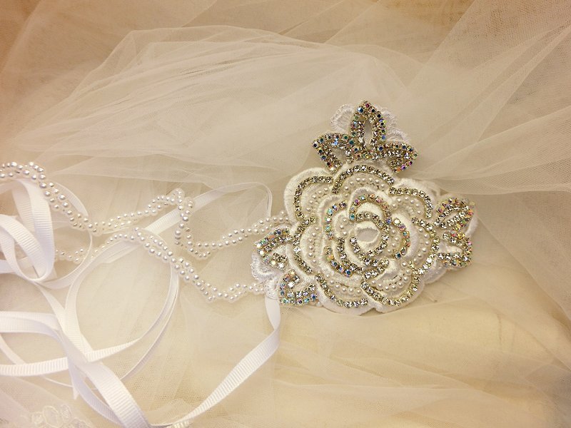 古典優雅水鑽蕾絲 珍珠髮帶頭環-C-0008-5 - 髮夾/髮飾 - 繡線 