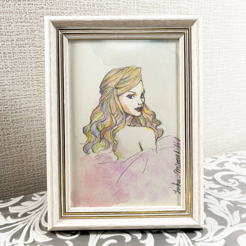 おしゃれな手描きの水彩画 アメリカンポップス風 女性イラスト フレーム付き - ポスター・絵 - 紙 ブラウン