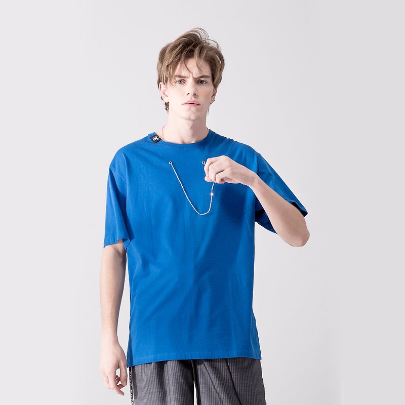 ニュートラルネックレスデザイン半袖Tシャツ/ネイビー - Tシャツ メンズ - コットン・麻 ブルー