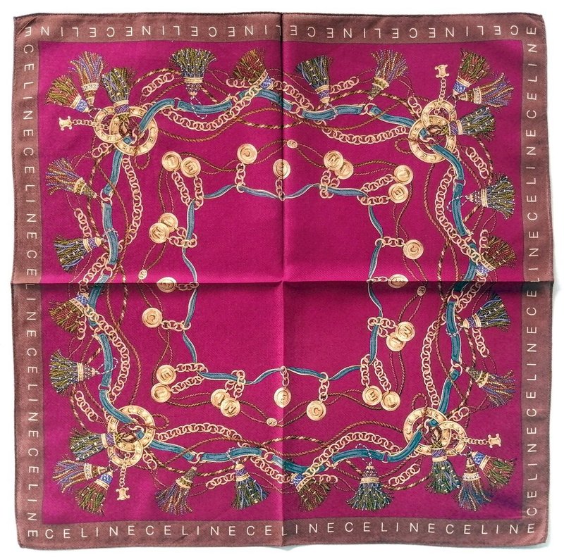 Celine Paris Vintage Handkerchief Paris Gold Chain Pink 23 x 22 - 手帕 - 棉．麻 紅色