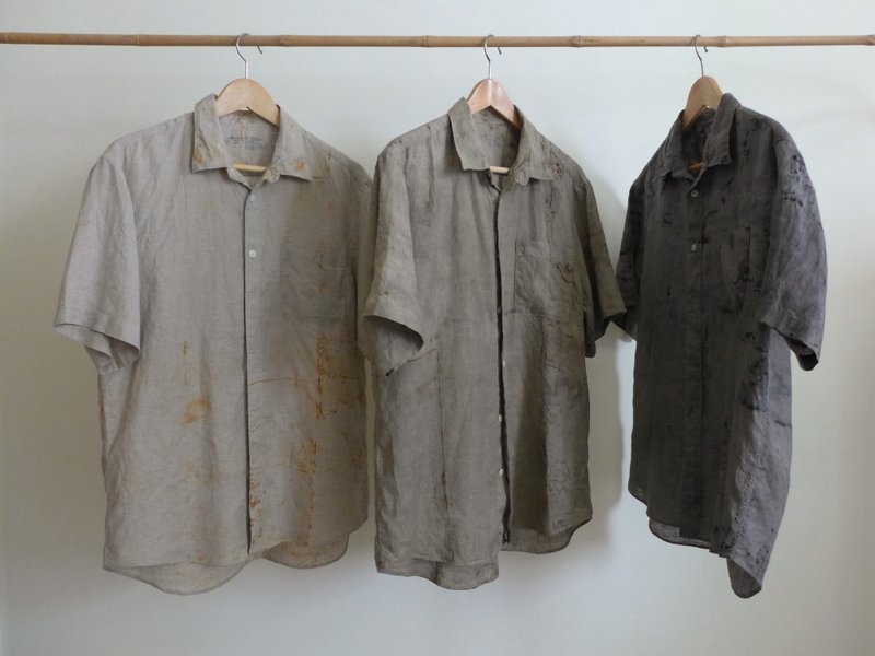 Rust-dyed linen short-sleeved shirt - เสื้อเชิ้ตผู้ชาย - ผ้าฝ้าย/ผ้าลินิน 