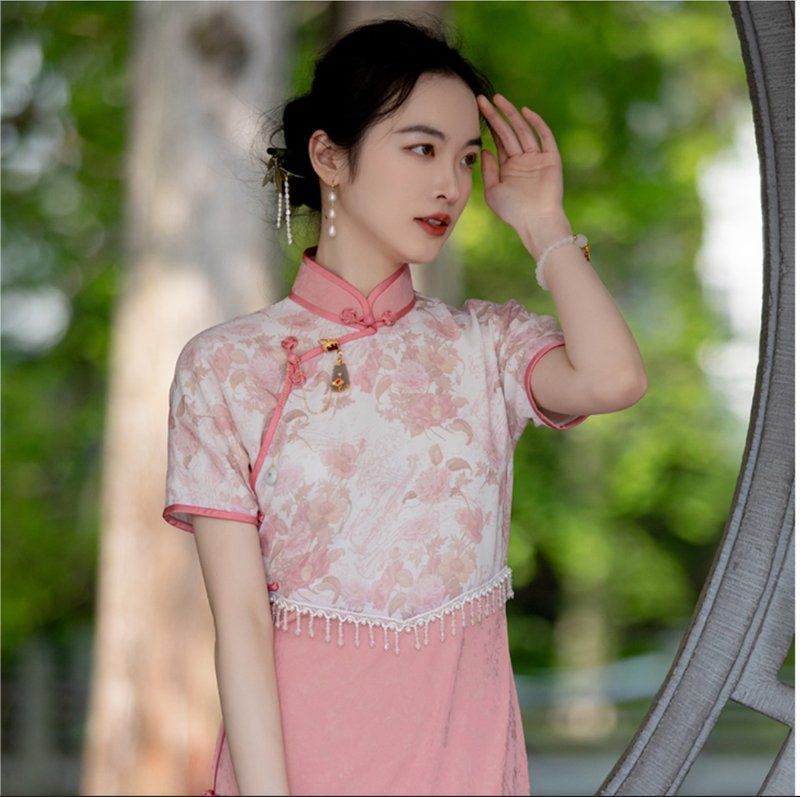 Miss Qiangwei's new Chinese style improved version of Chinese style temperament cheongsam skirt - Qipao - Polyester Pink