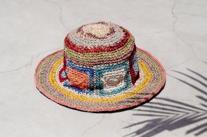 Valentine's Day gift a limited edition of hand-woven cotton Linen cap / knit cap / hat / straw hat / straw hat - bright geometric color block South wind - Hats & Caps - Cotton & Hemp Multicolor