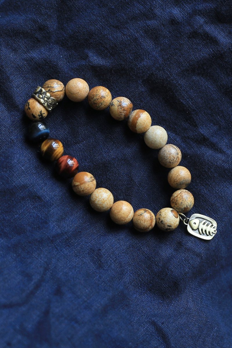 No.8-Original & Picture | Three-color Tiger Eye Picture Stone Brass | Fashionable Men - สร้อยข้อมือ - เครื่องประดับพลอย 