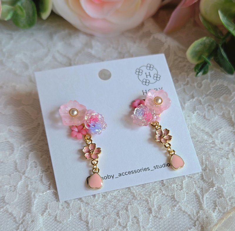 櫻之舞 櫻花 耳環/耳釘/耳夾 原創 手作 送禮 - 耳環/耳夾/耳骨夾 - 不鏽鋼 粉紅色
