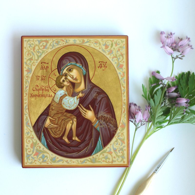 hand painted orthodox christian Virgin Mary icon Mother of God Zhirovitskaya - Other - Wood Khaki