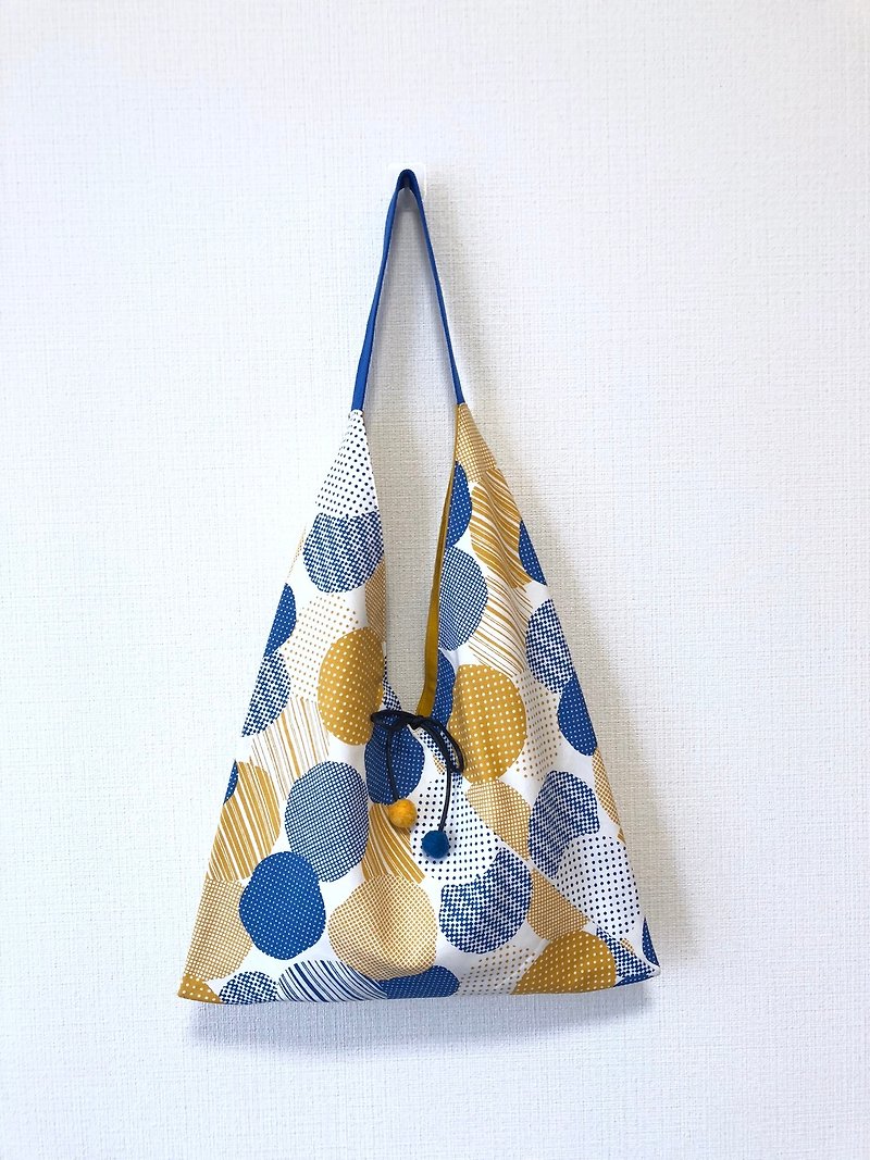 Triangle skull shoulder bag / large size / blue + yellow circle - กระเป๋าแมสเซนเจอร์ - ผ้าฝ้าย/ผ้าลินิน สีส้ม