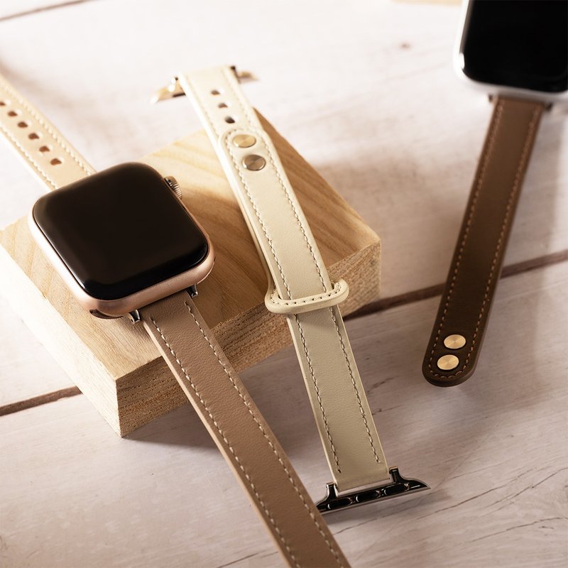Apple watch - 車線真皮雙釘縮腰 apple watch 錶帶 - 錶帶 - 真皮 卡其色