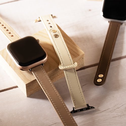 W.WEAR 時間穿搭 Apple watch - 車線真皮雙釘縮腰蘋果錶帶