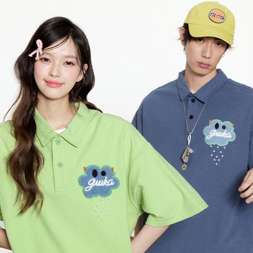 雲刺繍半袖ポロシャツカップルTシャツラペルトップ - ショップ MUYU T