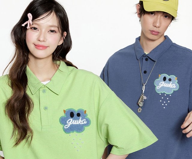 雲刺繍半袖ポロシャツカップルTシャツラペルトップ - ショップ MUYU T