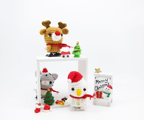 Funmay 【聖誕節】紅鼻子麋鹿 雪人 貓咪 走路發條玩具3入1組