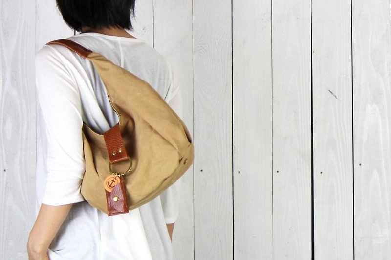 polta mini-tannin dyed canvas x leather bag - กระเป๋าถือ - ผ้าฝ้าย/ผ้าลินิน สีกากี