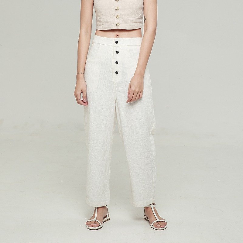 White 100% ramie four buckle straight wide leg pants waist wide pants classic straight pants type love and hate white do not regret series | vitatha fan tower original design independent women's brand - Women's Pants - Cotton & Hemp White