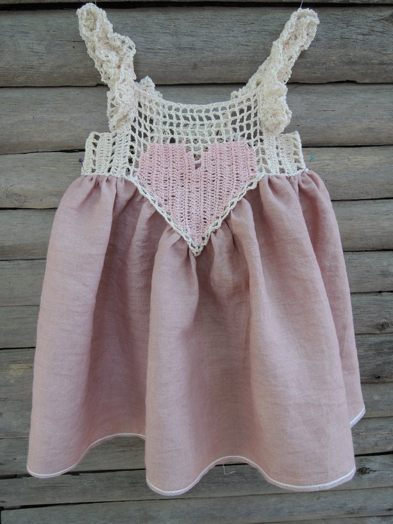 亞麻 男/女童禮服 粉紅色 - rustic baby dress crochet baby dress Handmade girl dress 表演服裝   花童