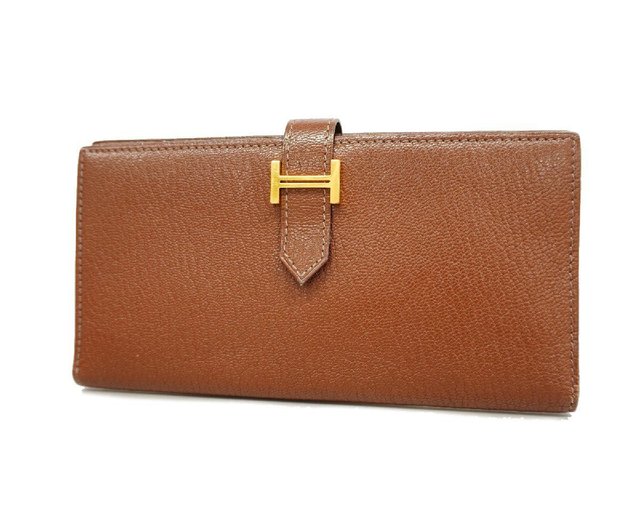 LA LUNE Vintage Hermes Brown x Gold Mysore Goatskin Bearn Bi fold