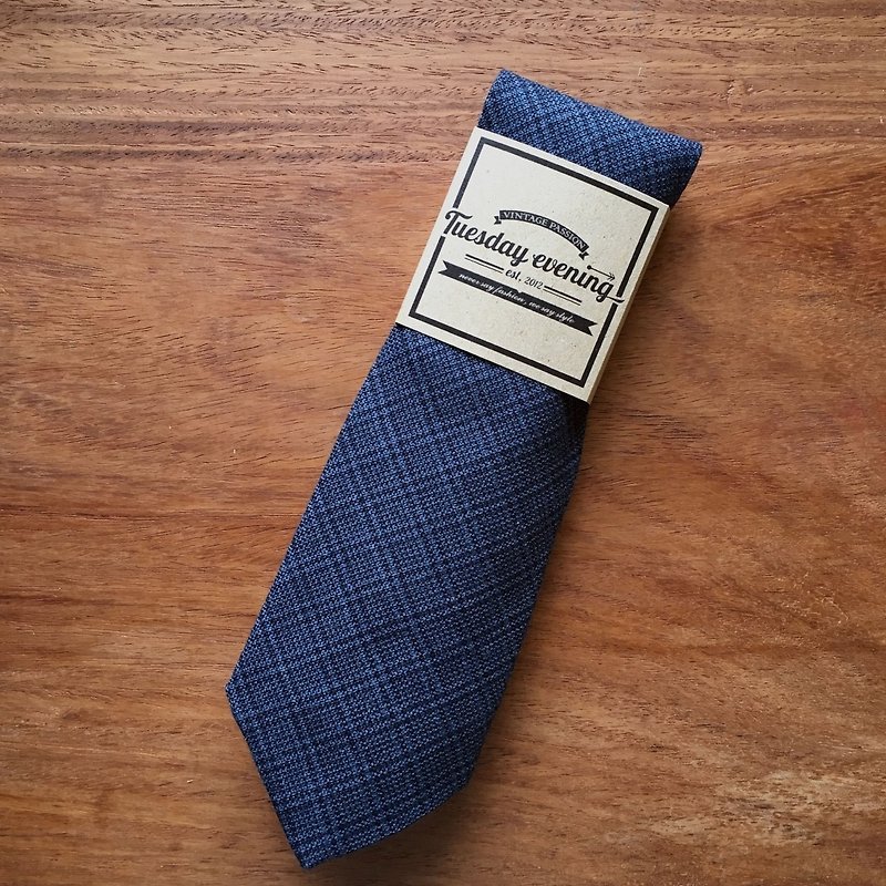 Neck Tie Blue Square - 領呔/呔夾 - 棉．麻 藍色