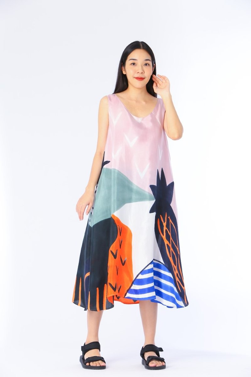 Dress Hand Paint Soft Cotton Silk for Yoga Vacation Holidays Summer Beach - One Piece Dresses - Cotton & Hemp Pink