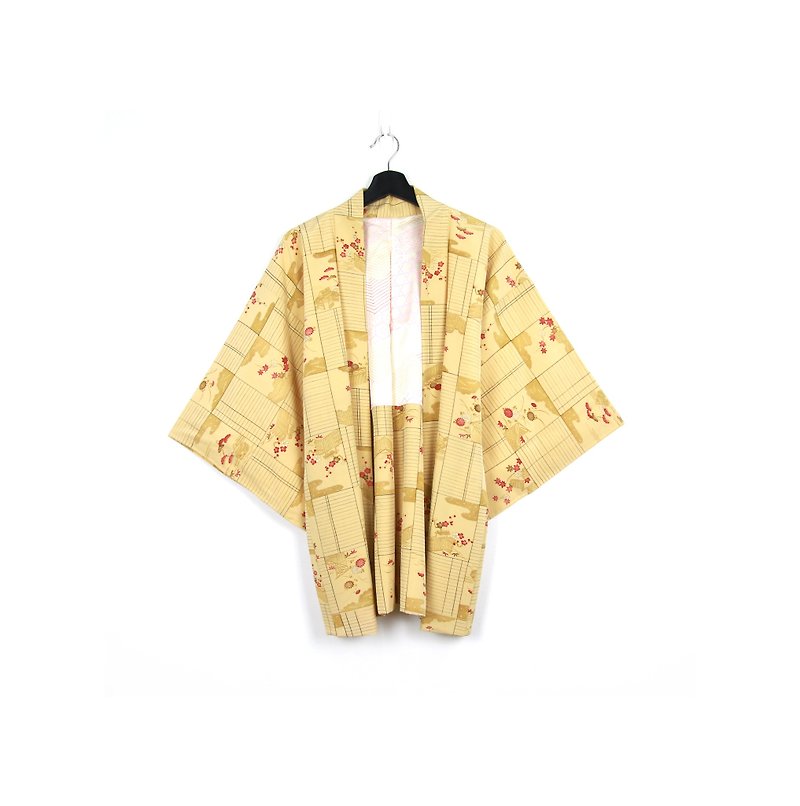 グリーン・ジャパンに戻る秋の窓を織った羽織り/ヴィンテージの着物 - ジャケット - シルク・絹 