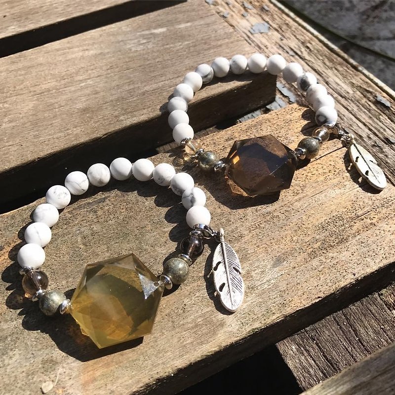 【Lost and find】 natural stone tea crystal yellow 皛 hexagram couple bracelet - Bracelets - Gemstone Multicolor