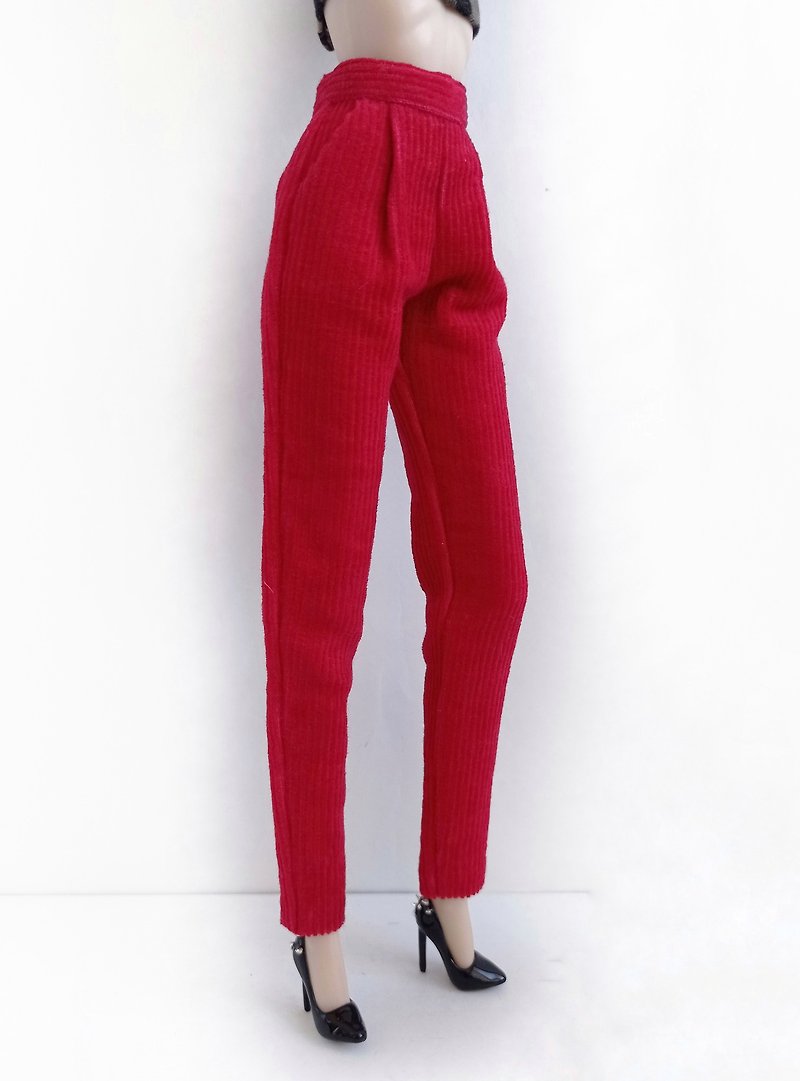 La-la-lamb Corduroy red trousers with pocket for Fashion Royalty FR2 12inch doll - ตุ๊กตา - ผ้าฝ้าย/ผ้าลินิน สีแดง