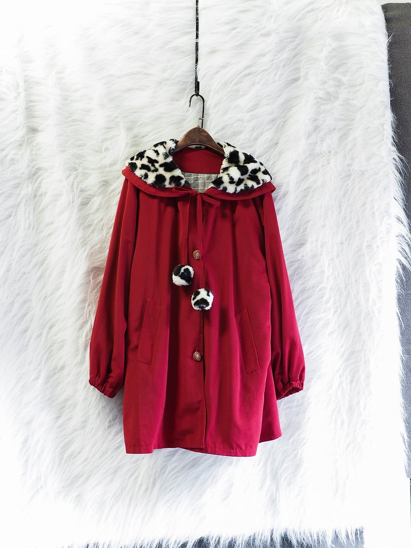 Kagoshima flames red youth elegant girl antique cotton hooded fur coat jacket vintage - เสื้อแจ็คเก็ต - ผ้าฝ้าย/ผ้าลินิน สีแดง