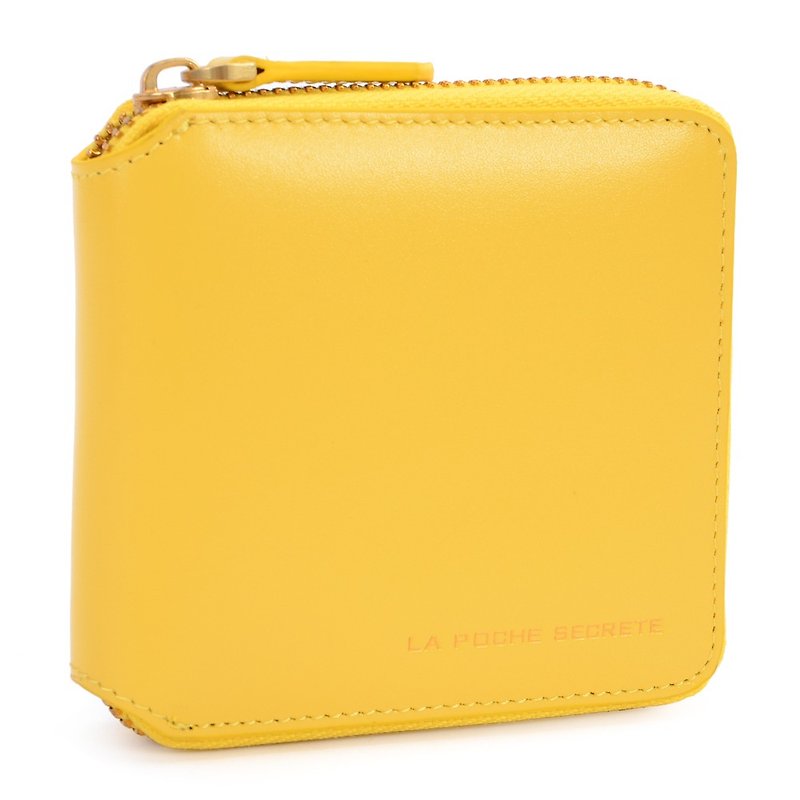 Gift for Girlfriend: Candy Girl's Powder Box Leather Short Clip_ㄇZipper Folio_Cake Yellow 028 - กระเป๋าสตางค์ - หนังแท้ สีเหลือง