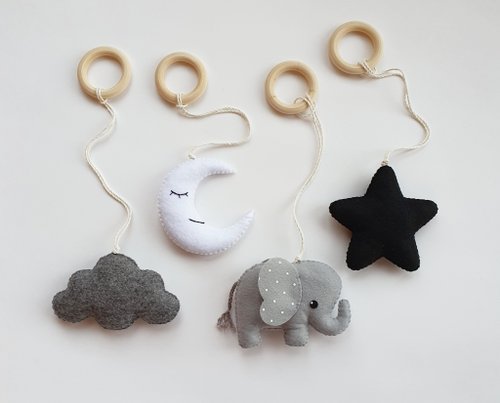 FeltGiftFinds Hanging baby gym toys, elephant decor, animal activity gym toy, monochrome toy