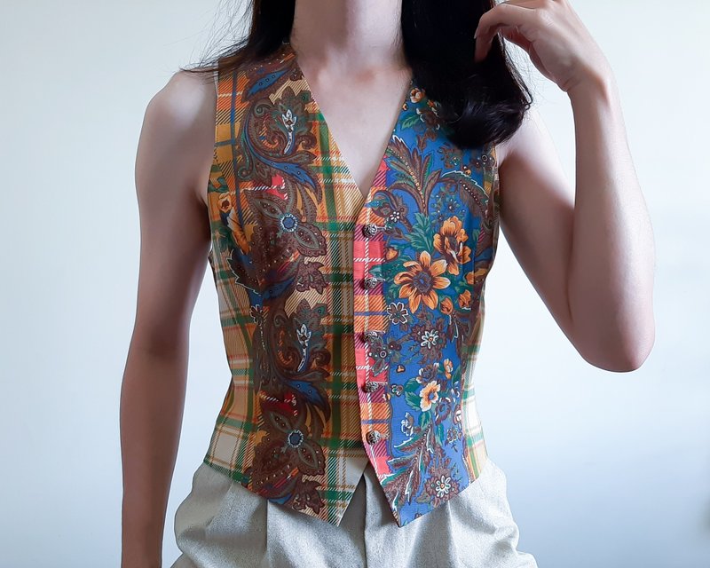 復古 70 年代佩斯利花卉印花背心 嬉皮背心 夏季背心 S 碼 - 女襯衫 - 聚酯纖維 咖啡色