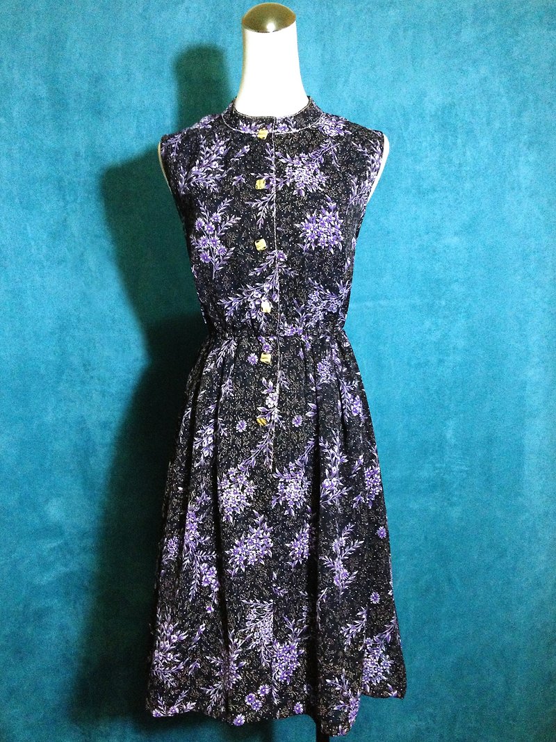 ピンポンヴィンテージ[ヴィンテージドレス/深い紫色の花の雪のテキスタイルパターンノースリーブのヴィンテージドレス]外国VINTAGEを戻します - ワンピース - ポリエステル パープル