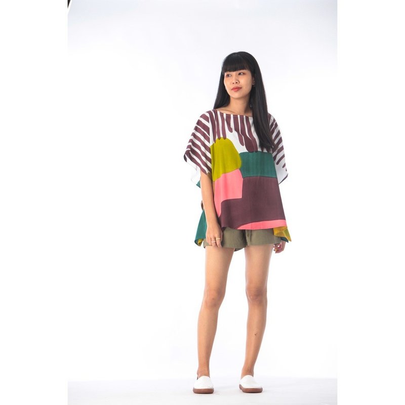 Poncho Blouse Cotton Silk Hand Painted for Summer resort vacation - 女上衣/長袖上衣 - 棉．麻 咖啡色