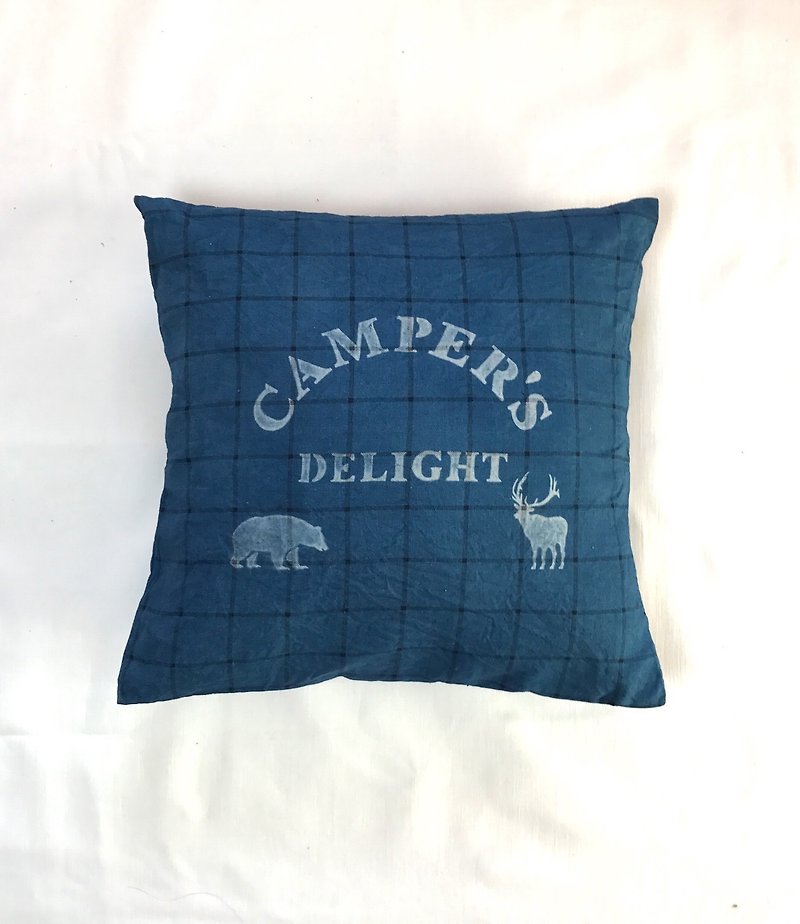 Made in Japan Hand-dyed Cushion Cover CAMPER'S DELIGHT Cushion Indigo dyed Aizen - Pillows & Cushions - Cotton & Hemp Blue