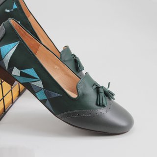 [Triangle Dance]Embroidery handmade low-heeled Oxford shoes (dark green)