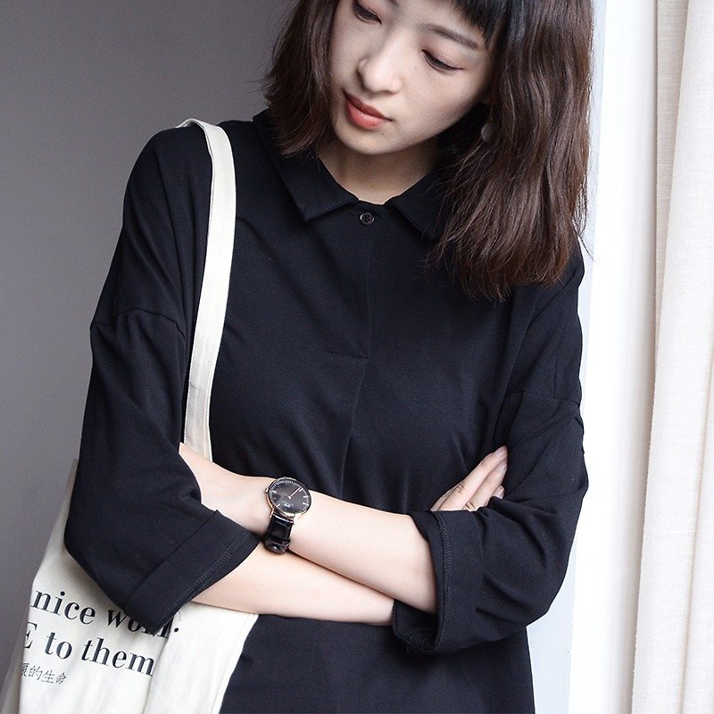 Black Cotton Lapel T-shirt | T-shirt | Cotton | Independent Brand | Sora-41 - Tシャツ - コットン・麻 ブラック