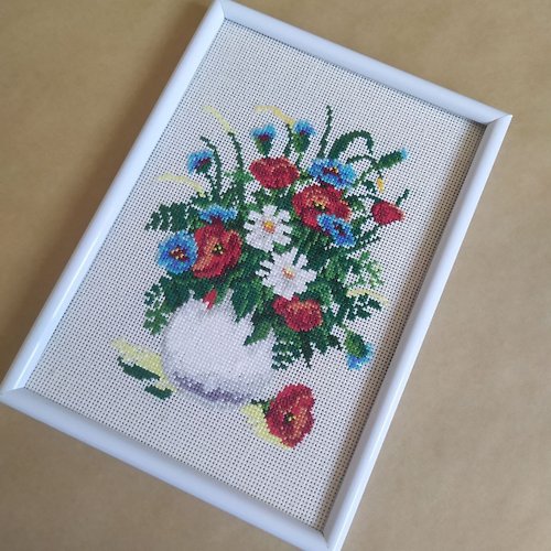 RomanovaCrossStitch Handmade Poppies painting, Vintage Still life wall art, for home decor, finished