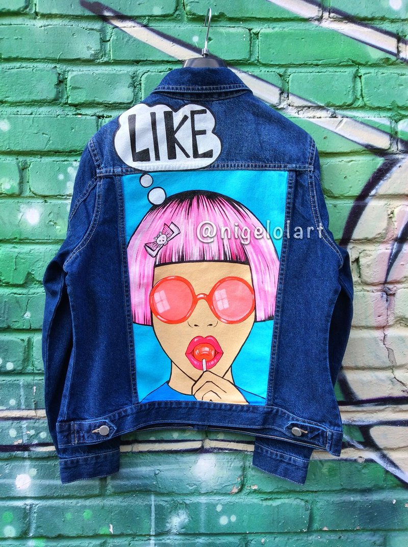 Painted denim jacket Like Girl Custom gifts Jean jacket blue denim jacket - 女大衣/外套 - 棉．麻 藍色