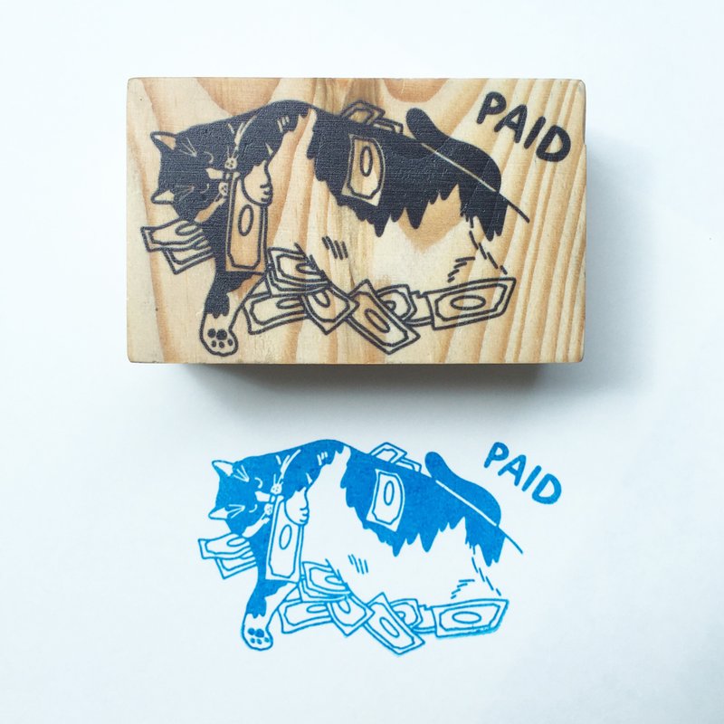 ตรายางปั๊มด้ามไม้ ลายแมว Paid invoice cash cat rich cat wooden rubber stamp - ตราปั๊ม/สแตมป์/หมึก - ไม้ 