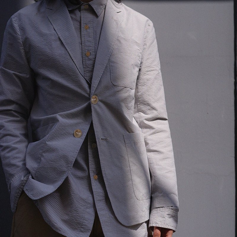 StripeSeersucker ClubJacket 日本製面料條紋泡泡紗西裝夾克外套 - 男夾克/外套 - 其他材質 白色