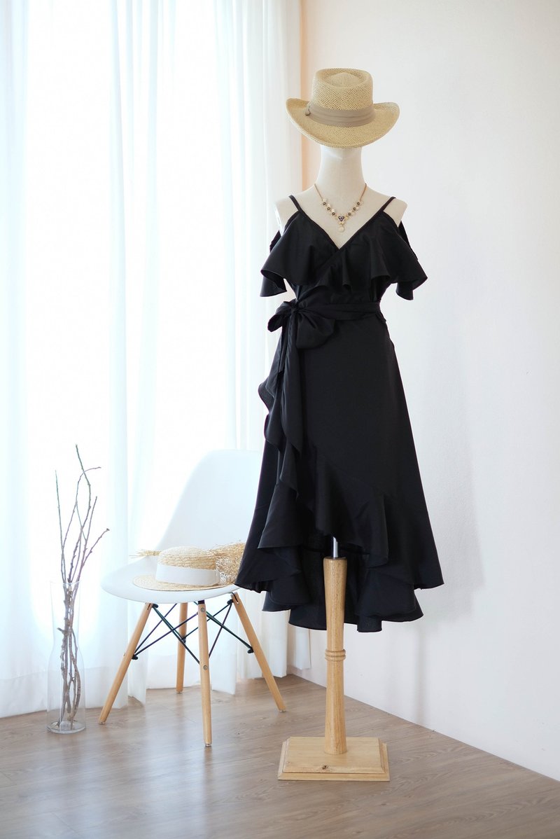 Black bridesmaid wrap dress Midi Spring Summer Party dress - One Piece Dresses - Polyester Black