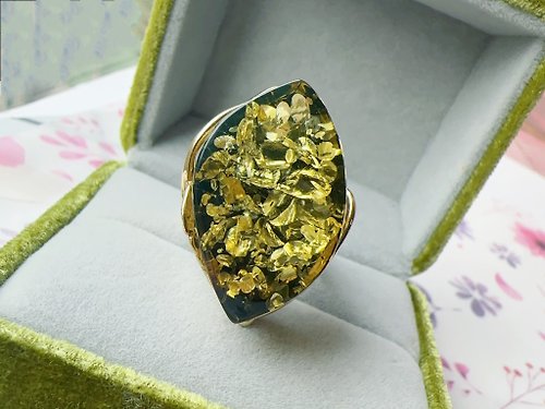 Esme Accessory 波羅的海 天然琥珀 純銀戒指 綠珀 閃耀珀花 歐風時尚 金色